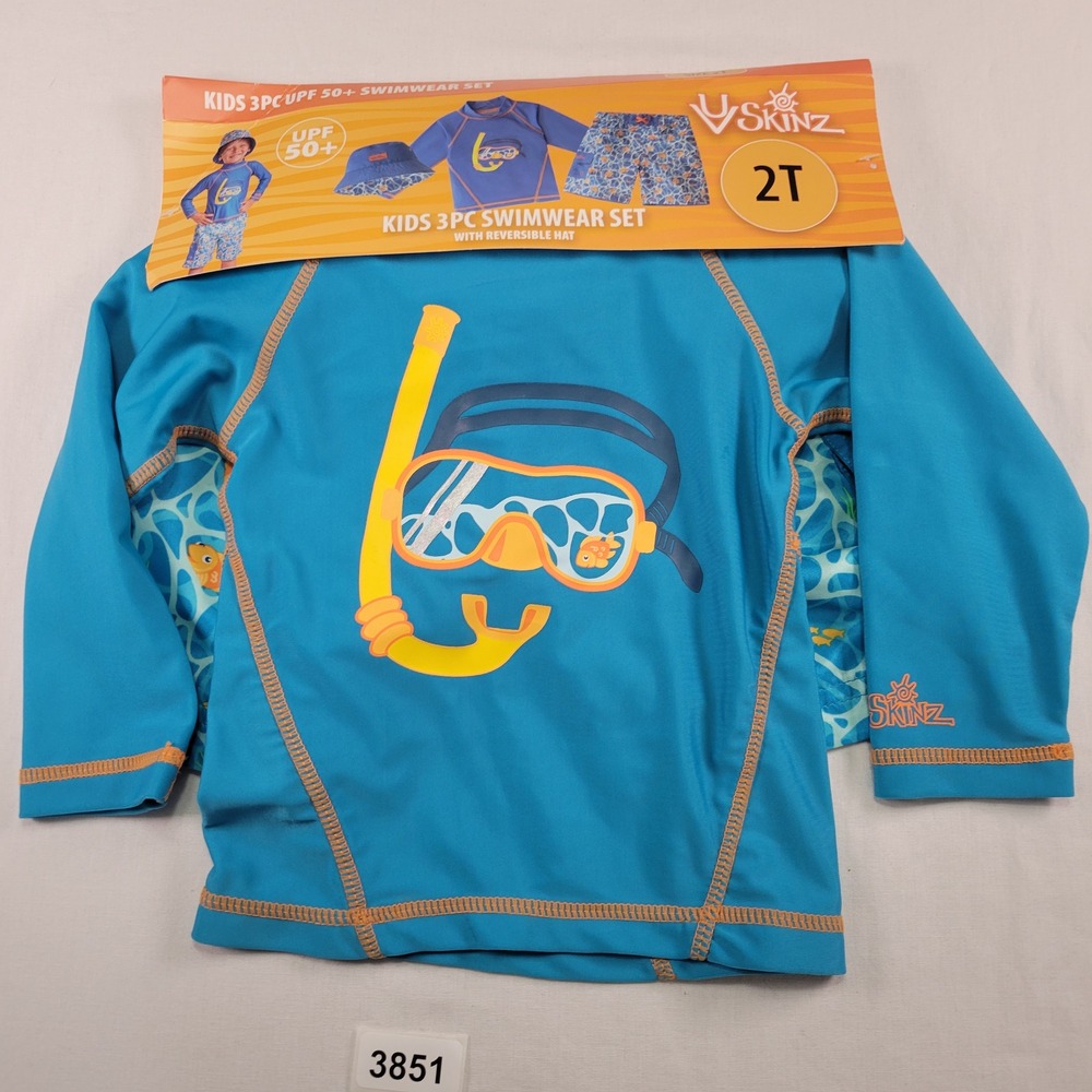 UVSkinz Kids 3 Pc Swimwear Set RashGuard Shorts Reversible Hat Size 2T Fish Vaca